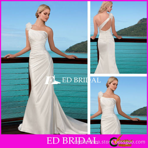 One Shoulder Mermaid Wedding Dress Trumpet Floral Single Strap Satin Bridal Gown with Unique Back